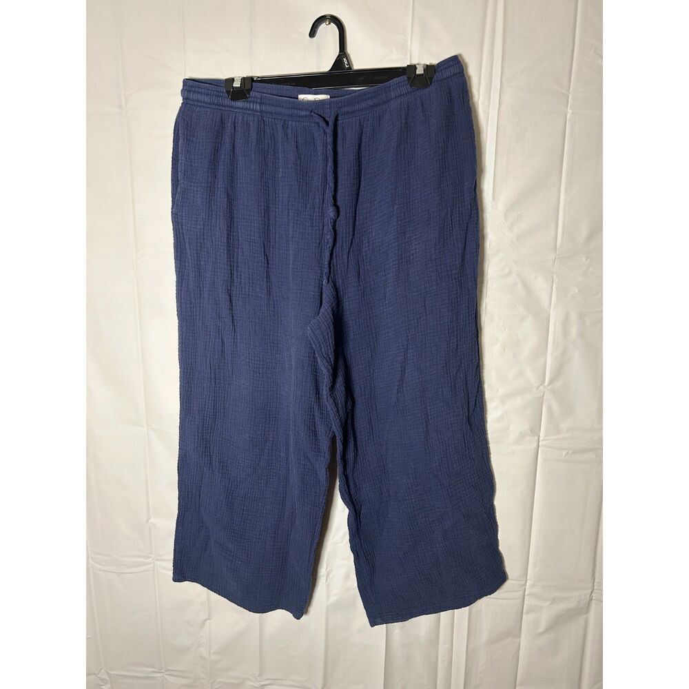 Jessica Simpson Double Gauze Wide Leg Pants L Navy Blue Crinkle Lounge Casual